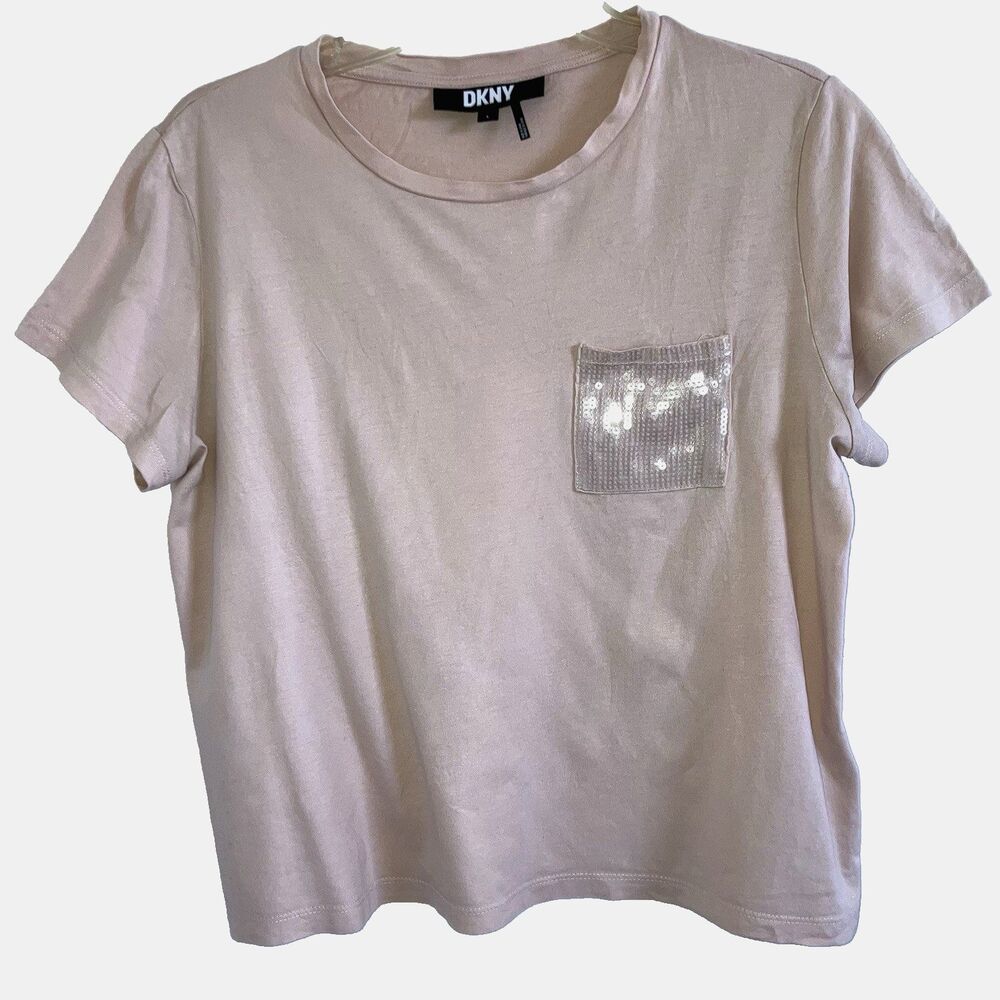 DKNY L Cotton Modal Sequin Pocket Short Sleeve Neutral Pink Beige Boxy Knit Top